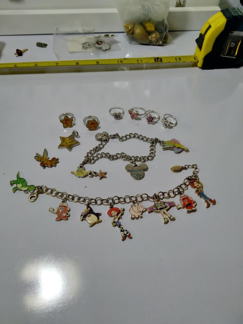Vintage Disney Jewelry Lot Toy Story Enamel Charm Bracelet Tinkerbell Rings